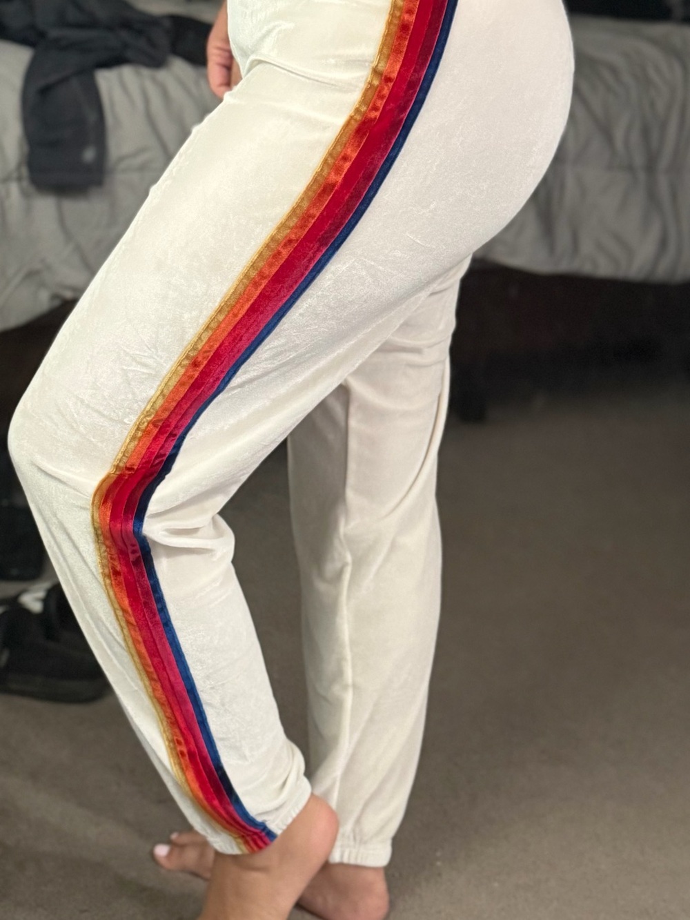 Aviator Nation cream Velour track pants with Rainbow Velvet Stripes - Picture 2 of 4